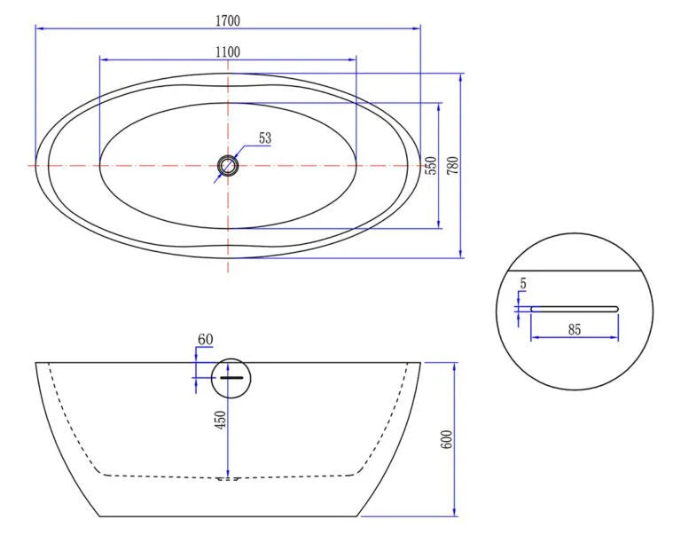 Kleinmann Vrijstaand Bad Mat Wit 170×78 cm Oval